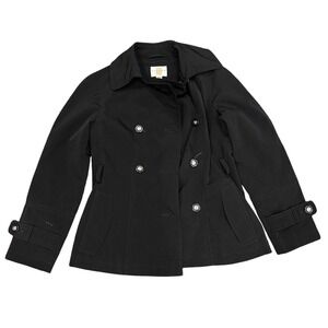 Gallery Petite Womens Black Double Breasted Trench Coat Belted Jacket Size PP